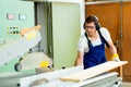 Two worker in a carpenter's workshop using saw Royalty Free Stock Photo