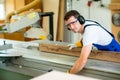 Two worker in workshop using saw machine Royalty Free Stock Photo