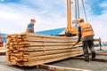 Two workers in helmets and construction vests unload wooden planks. Slingers stack lumber outside in open air. Royalty Free Stock Photo