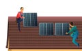 Two workers install solar panels on roof. Alternative energy. Renewable sources of electrical energy. Workers work on