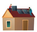 Two workers install solar panels on roof. Alternative energy. Renewable sources of electrical energy. Workers work on