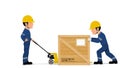 Two workers are loading a wooden container on transparent background Royalty Free Stock Photo