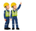 Two workers are looking at high