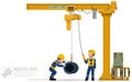 Two workers are operating jib crane on white background Royalty Free Stock Photo