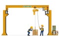 Two workers are operating overhead crane on white background