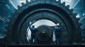 Two workers in protective gear inspect massive industrial gear in factory setting, highlighting scale and engineering marvel Royalty Free Stock Photo