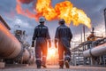 Workers assess safety at an industrial facility as flames rise against a dramatic sunset backdrop Royalty Free Stock Photo