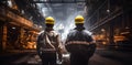 Two Workers Wearing Hard Hats Walk In A Factory, Contemporary Metallurgy