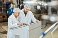 Two workers wearing lab coats operating equipment at food factory Royalty Free Stock Photo