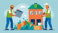 Two workers working together to deconstruct an old structure carefully removing and separating recyclable materials such