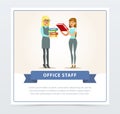 Two working women characters in formal clothing, girl in trousers giving folders another female in dress and glasses Royalty Free Stock Photo