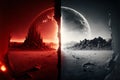 Two worlds collide, red and white sci fi fantasy background Royalty Free Stock Photo