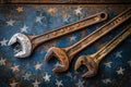 Two Wrenches and a Single Wrench on Rusty Surface Royalty Free Stock Photo