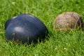 Two WWII german helmets on the grass.