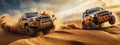 Two 4x4 off-road trucks racing bashing sand dunes in the desert