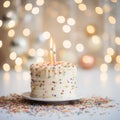 Two year old birthday cake celebration with flaming candle and blurred bokeh lighting with room for text or copy space