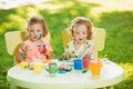 Two-year old girls painting with poster paintings together against green lawn Royalty Free Stock Photo