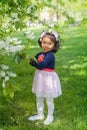 A two years old girl at a blooming branch of bird cherry tree Royalty Free Stock Photo