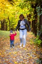 Two years old toddler have fun outdoor in autumn park Royalty Free Stock Photo