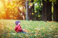 Two years old toddler have fun outdoor in autumn park