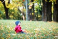 Two years old toddler have fun outdoor in autumn park Royalty Free Stock Photo