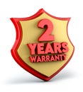 Two years warranty text on golden red shield background. 3d illustration.