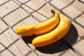 Two yellow bananas on the wooden surface in chain fence shadow. Fresh organic fruit on sunny day. Close up. Selective focus. Royalty Free Stock Photo