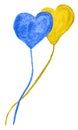 Two yellow and blue heart shaped balloons. The concept of peace and victory in war for Ukraine. Watercolor illustration isolated