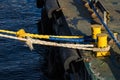 Two yellow bollards on a commercial dock with mooring ropes attached, sunny day, sea water, rubber bumpers and green metal dock