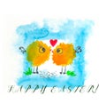 Two chickens and heart. Watercolor hand painted illustration. Royalty Free Stock Photo