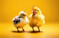 Two yellow chickens small and big on yellow background. Royalty Free Stock Photo