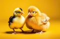 Two yellow chickens small and big on yellow background. Royalty Free Stock Photo