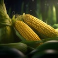 Two yellow corn cobs in green leaf, smudged background. Corn as a dish of thanksgiving for the harvest Royalty Free Stock Photo