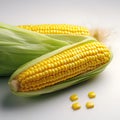 Two yellow corn cobs with leaves. Corn as a dish of thanksgiving for the harvest, picture on a white isolated background Royalty Free Stock Photo