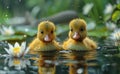 Two yellow ducklings are swimming in the pond Royalty Free Stock Photo