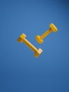 Two yellow dumbbells on a blue background Royalty Free Stock Photo