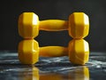 Two yellow dumbbells on a marble table