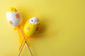 Two yellow Easter eggs chick on yellow background Royalty Free Stock Photo