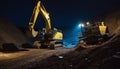 Two excavators in a quarry at night with dramatic lighting Royalty Free Stock Photo