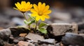 two yellow flowers growing out of a crack in the ground Royalty Free Stock Photo