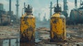 Two yellow gas cans sitting in a dirty, muddy area, AI Royalty Free Stock Photo