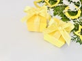 Two yellow gift boxes with gold ribbon on white background. Royalty Free Stock Photo