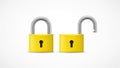 Two yellow locks, one open, one closed, isolated on white background Royalty Free Stock Photo