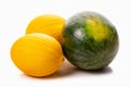 Two yellow melons and a watermelon. Isolate on white background Royalty Free Stock Photo