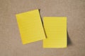 Two yellow note paper with paper clip on brown grunge board Royalty Free Stock Photo