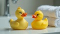 Two yellow rubber ducks in bathroom setting with white towels Royalty Free Stock Photo