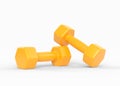 Two yellow rubber or plastic coated fitness dumbbells isolated on white background