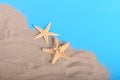 Two yellow starfish on sand Royalty Free Stock Photo