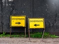 Two yellow traffic diversion signs Royalty Free Stock Photo