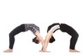 Two Yogi female partners in yoga asana dhanurasana